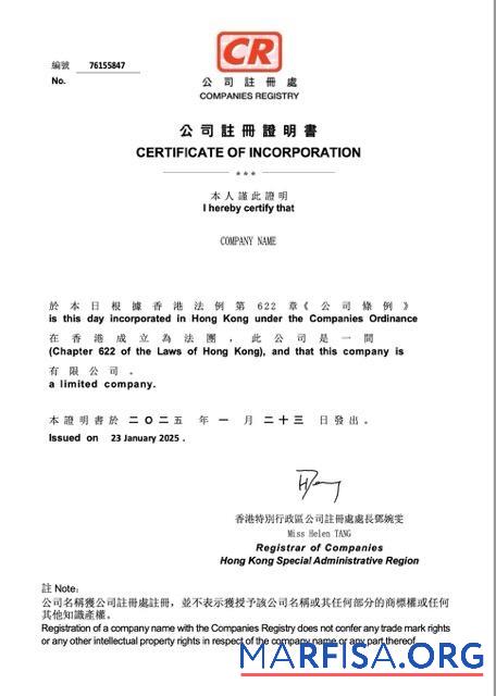 Realistic China certificate of incorporation Word and PDF template